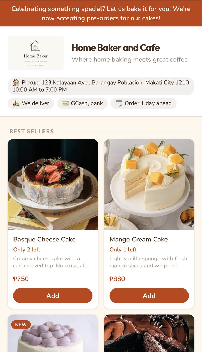 A real MyOrderlyph order page: Home Baker and Cafe's cakes, with photos, prices and Add buttons
